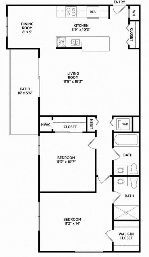 Floor plan for 2 beds, 2 baths, 972 sqft